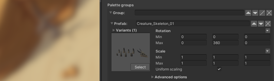 Kaldera Prefab Painter palette set up in the inspector window