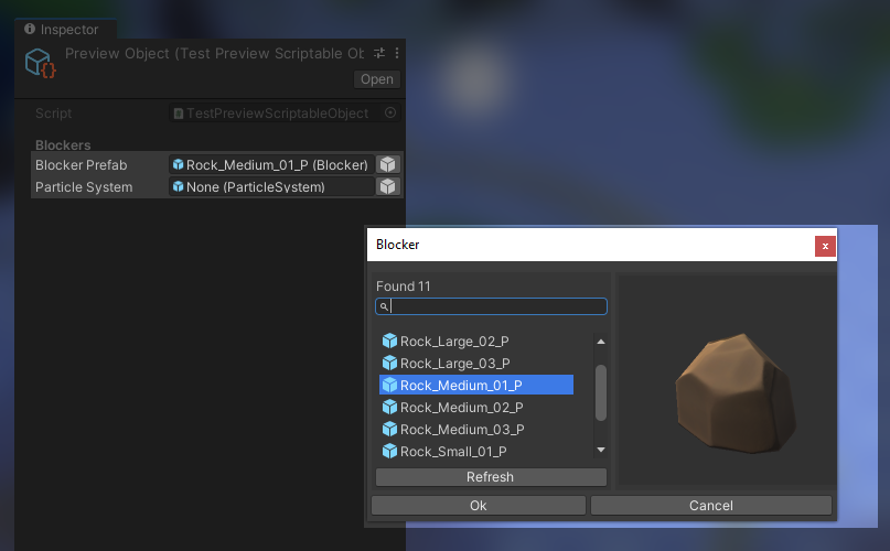 Unity Inspector view with Preview Field enabled